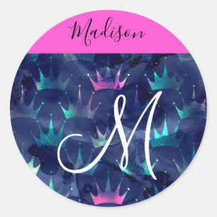 Glitzer Glitzern Mermaid Crowns Monogram Runder Aufkleber