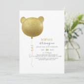 Glitzer Gold Ballon Teddy Bear 1. Geburtstag Einladung (Stehend Vorderseite)