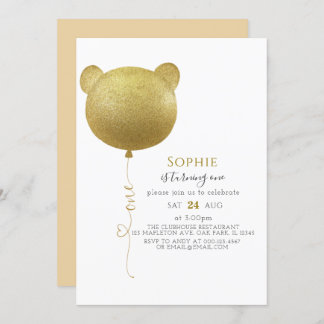 Glitzer Gold Ballon Teddy Bear 1. Geburtstag Einladung