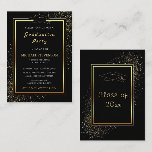 Glitzer Gold Black Abschluss Einladung Vorlage (Vorne/Hinten)