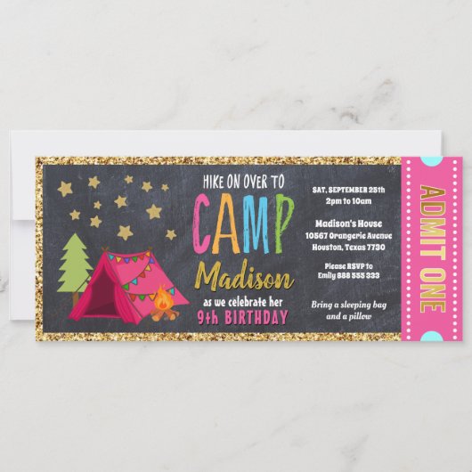 Glitzer Gold Blackboard Glamping Ticket Pass Einladung (Vorderseite)