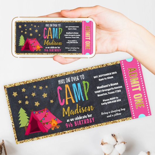 Glitzer Gold Blackboard Glamping Ticket Pass Einladung