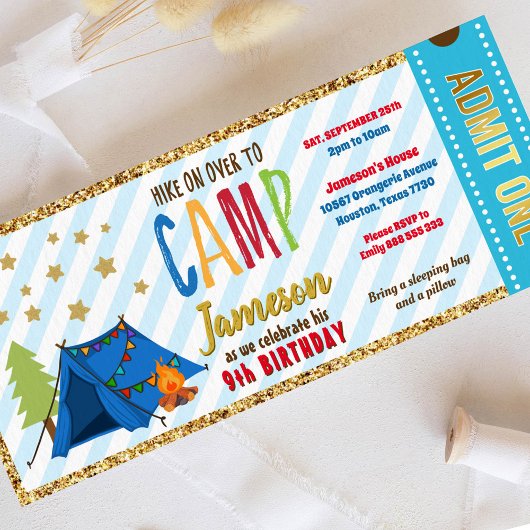 Glitzer Gold Blue Glamping Ticket Pass Einladung