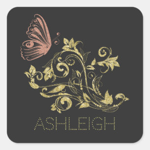 Glitzer Gold Blühe Schmetterling Personalisiert Quadratischer Aufkleber