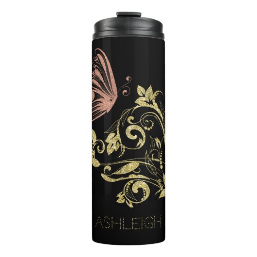 Glitzer Gold Blühe Schmetterling Personalisiert Thermosbecher (Vorderseite)