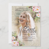 Glitzer Gold Blumenfoto Vorlage Sweet 16 Party (Vorderseite)