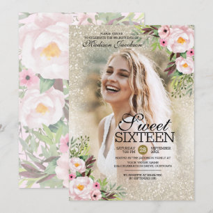 Glitzer Gold Blumenfoto Vorlage Sweet 16 Party