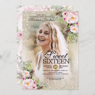 Glitzer Gold Blumenfoto Vorlage Sweet 16 Party