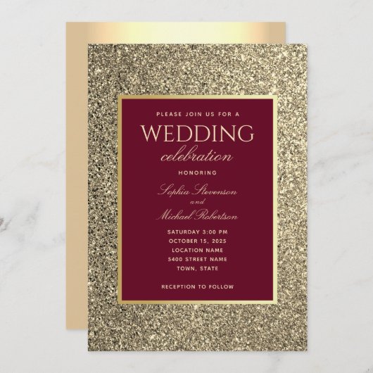 Glitzer Gold Burgundy Calligrafy Wedding Einladung (Vorne/Hinten)