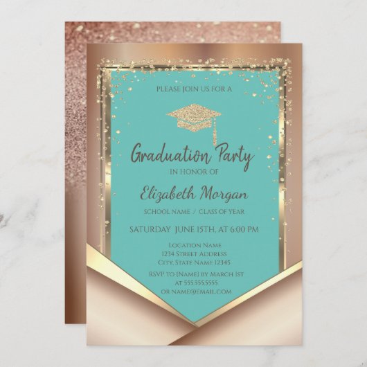 Glitzer Gold Diamonds Minze Grüner Abschluss Einladung (Vorne/Hinten)