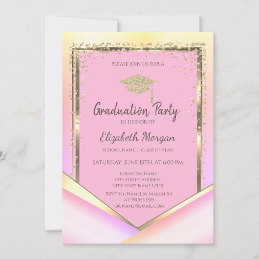 Glitzer Gold Diamonds Pink Abschluss Einladung (Vorderseite)