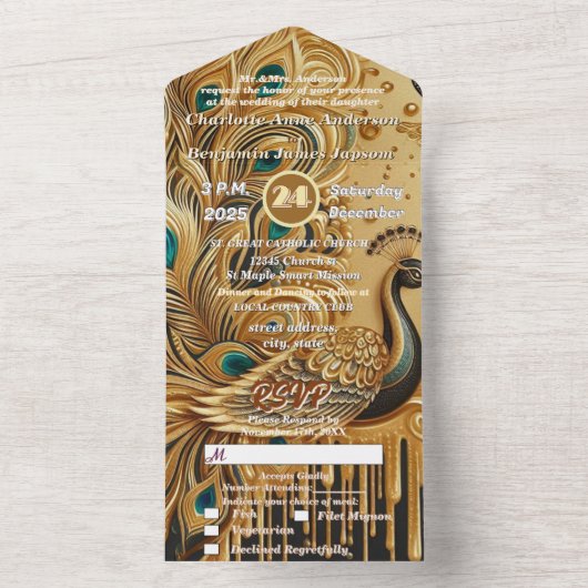 Glitzer Gold Dripping Elegantes Pfau All In One Einladung (Innen Boden)