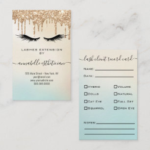 Glitzer Gold Eyelash Extension Client Record Visitenkarte