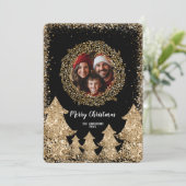 Glitzer Gold Frohe Weihnachtskranz Familienunterne Einladung (Stehend Vorderseite)