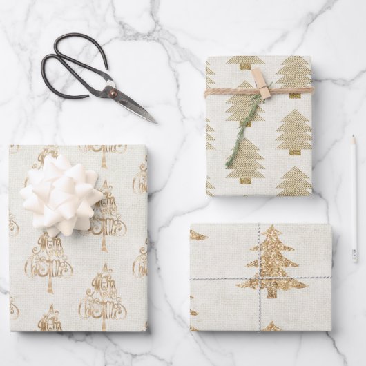 Glitzer Gold Glam Weihnachtsbaumen Geschenkpapier Set (Vorderseite)
