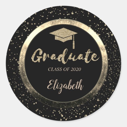 Glitzer Gold Grad Cap, Confetti, Black Runder Aufkleber (Vorderseite)