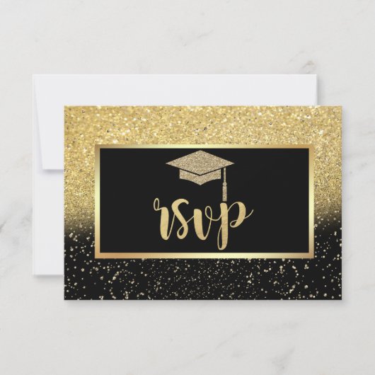Glitzer Gold Grad Cap, Confetti Graduation Party RSVP Karte (Vorderseite)