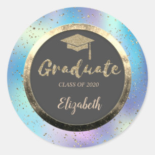 Glitzer Gold Grad Cap, Confetti, Holografie Runder Aufkleber