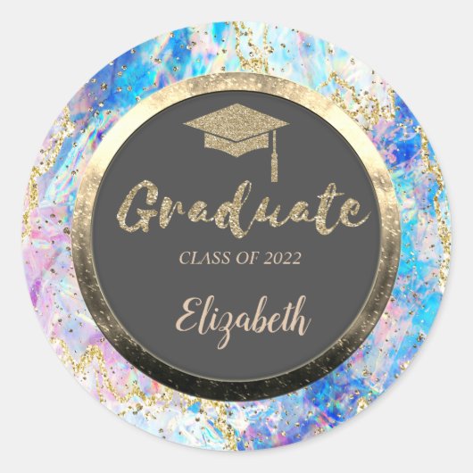 Glitzer Gold Grad Cap, Confetti, Holografischer Op Runder Aufkleber (Vorderseite)
