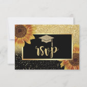 Glitzer Gold Grad Cap, Sonnenblumen Graduierungspa RSVP Karte (Vorderseite)