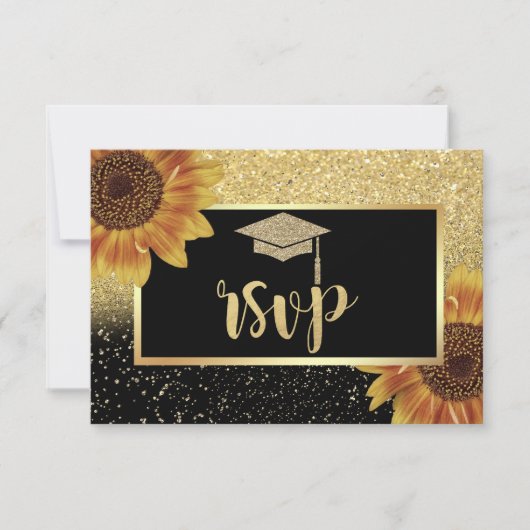 Glitzer Gold Grad Cap, Sonnenblumen Graduierungspa RSVP Karte (Vorderseite)