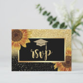 Glitzer Gold Grad Cap, Sonnenblumen Graduierungspa RSVP Karte (Stehend Vorderseite)
