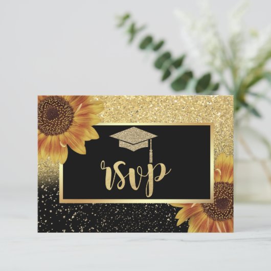 Glitzer Gold Grad Cap, Sonnenblumen Graduierungspa RSVP Karte (Stehend Vorderseite)