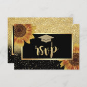 Glitzer Gold Grad Cap, Sonnenblumen Graduierungspa RSVP Karte (Vorne/Hinten)