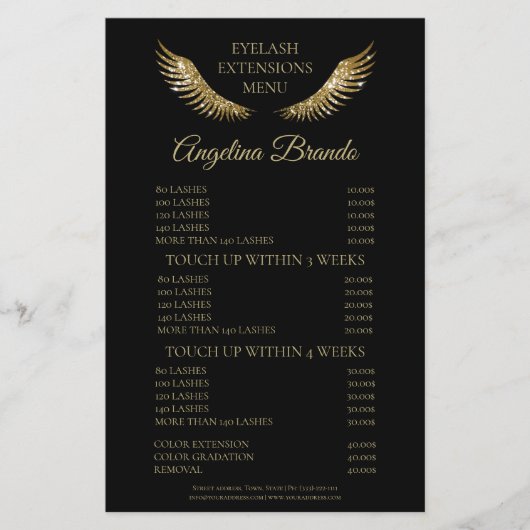 Glitzer Gold Lashes Eyelash Erweiterungspreisliste Flyer (Vorne)