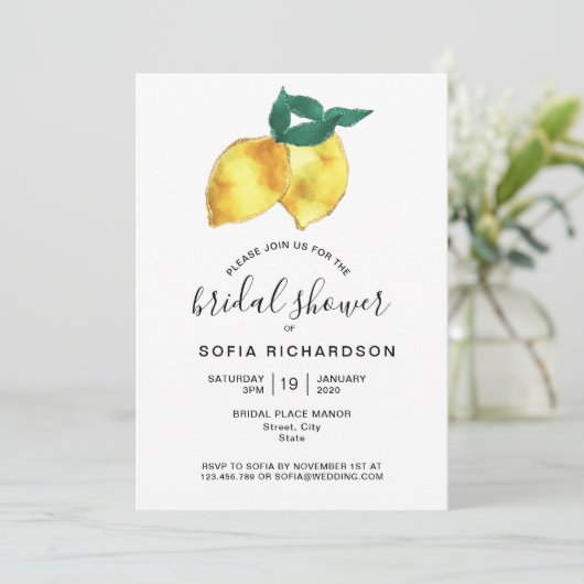 Glitzer Gold Lemon Citrus Greenery Sommer Einladung (Stehend Vorderseite)