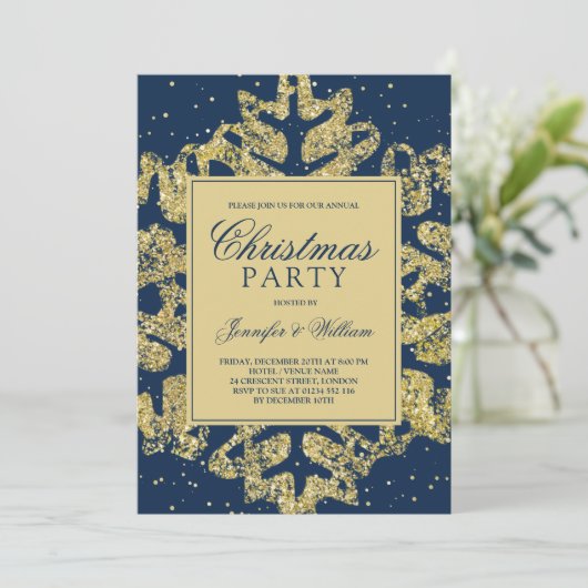 Glitzer Gold & Navy Elegante Weihnachtsfeier Einladung (Stehend Vorderseite)