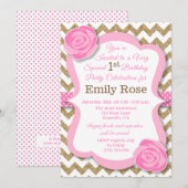 Glitzer Gold & Pink Blütenwelt Einladung zum Gebur (Vorne/Hinten)