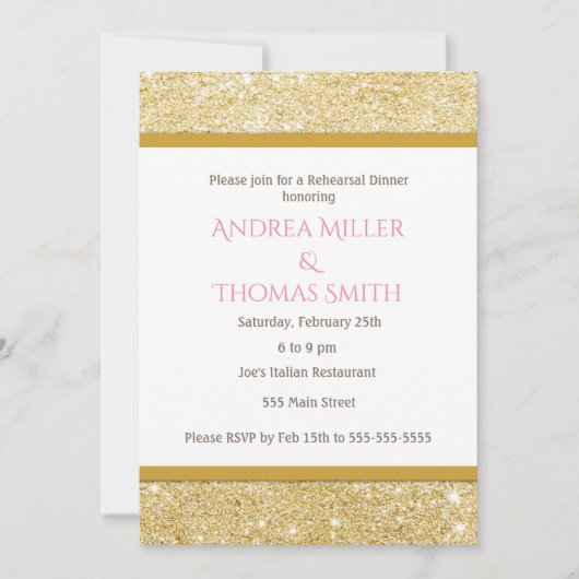 Glitzer Gold Rosa Probe Abendessen Einladung (Vorderseite)