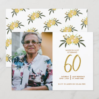Glitzer Gold Rose & Botanische Blätter 60. Geburts Einladung