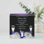 Glitzer Gold Royal Blue Heelse Black Champagne Einladung (Stehend Vorderseite)