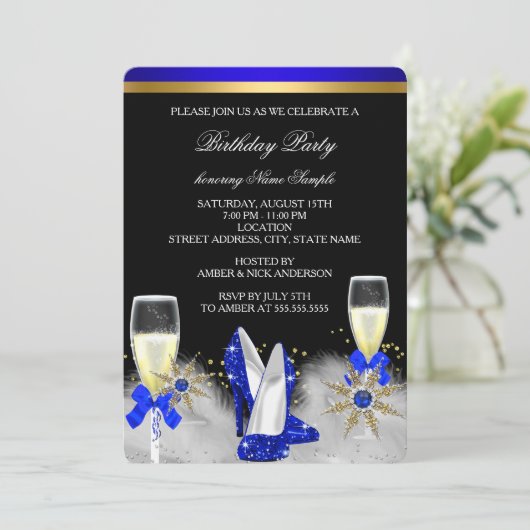 Glitzer Gold Royal Blue Heelse Black Champagne Einladung (Stehend Vorderseite)