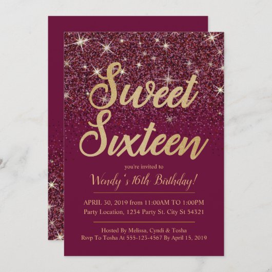 Glitzer & Gold, Ruby Sweet 16 Einladungen zum Gebu (Vorne/Hinten)