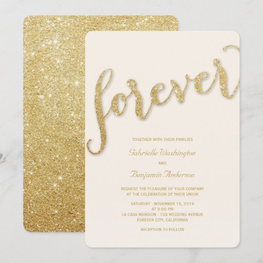 Glitzer Gold Script Forever Wedding Einladung (Vorne/Hinten)