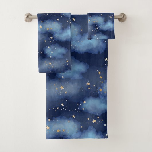 Glitzer Gold Stars Dark Blue Sky Muster Badhandtuch Set (Insitu)