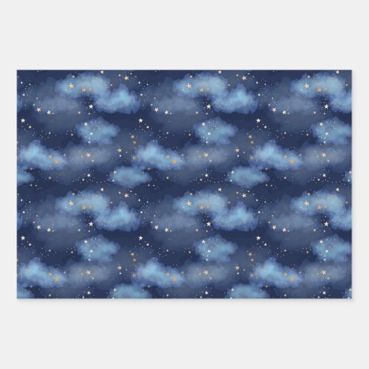 Glitzer Gold Stars Dark Blue Sky Muster Geschenkpapier Set (Vorderseite 2)