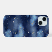Glitzer Gold Stars Dark Blue Sky Muster iPhone 15 Hülle (Rückseite (Horizontal))