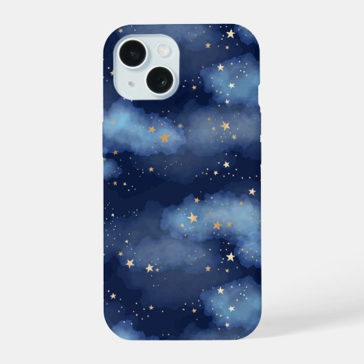Glitzer Gold Stars Dark Blue Sky Muster iPhone 15 Hülle (Rückseite)