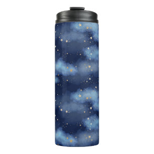 Glitzer Gold Stars Dark Blue Sky Muster Thermosbecher