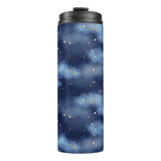 Glitzer Gold Stars Dark Blue Sky Muster Thermosbecher (Vorderseite)