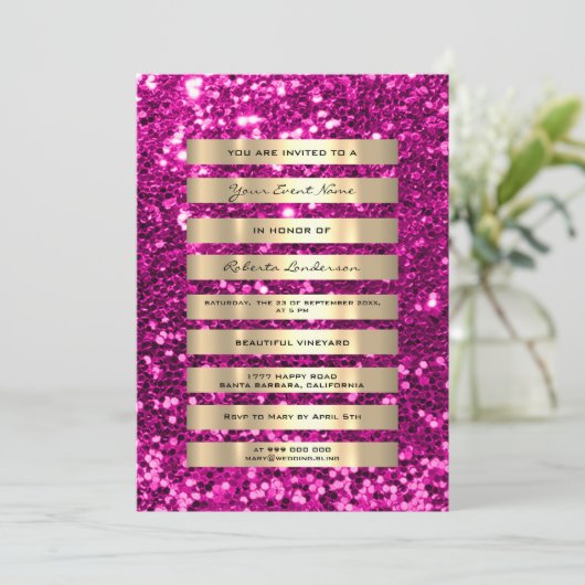 Glitzer Gold Streifen Champagner Rosa Fuchsia Einladung (Stehend Vorderseite)