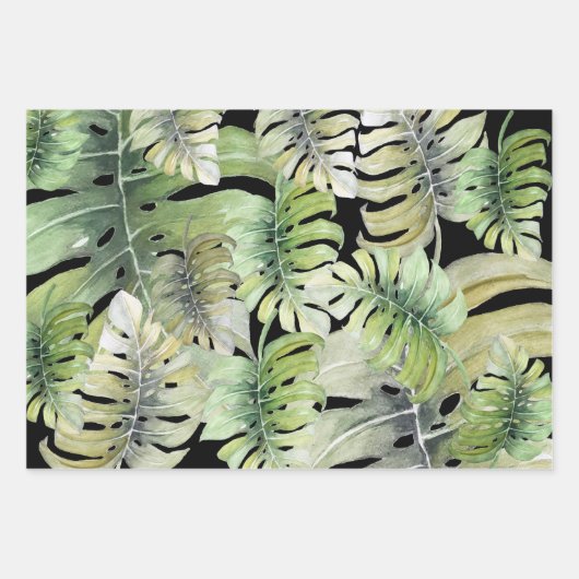 Glitzer Gold Tropical Monstero Wasserfarbenes Must Geschenkpapier Set (Vorderseite 3)