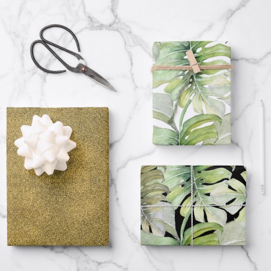 Glitzer Gold Tropical Monstero Wasserfarbenes Must Geschenkpapier Set (Vorderseite)