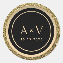 Glitzer Gold und Black Monogram Wedding Runder Aufkleber