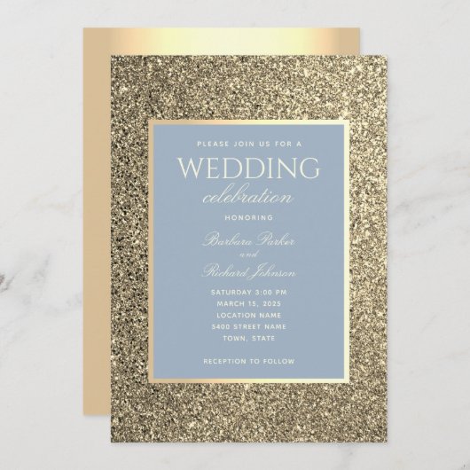 Glitzer Gold und Dusty Blue Hochzeit Einladung (Vorne/Hinten)