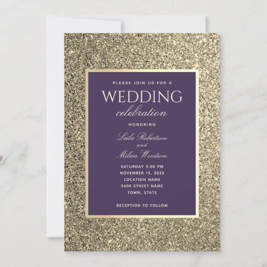 Glitzer Gold und Lila Einladung zur Hochzeit (Vorderseite)